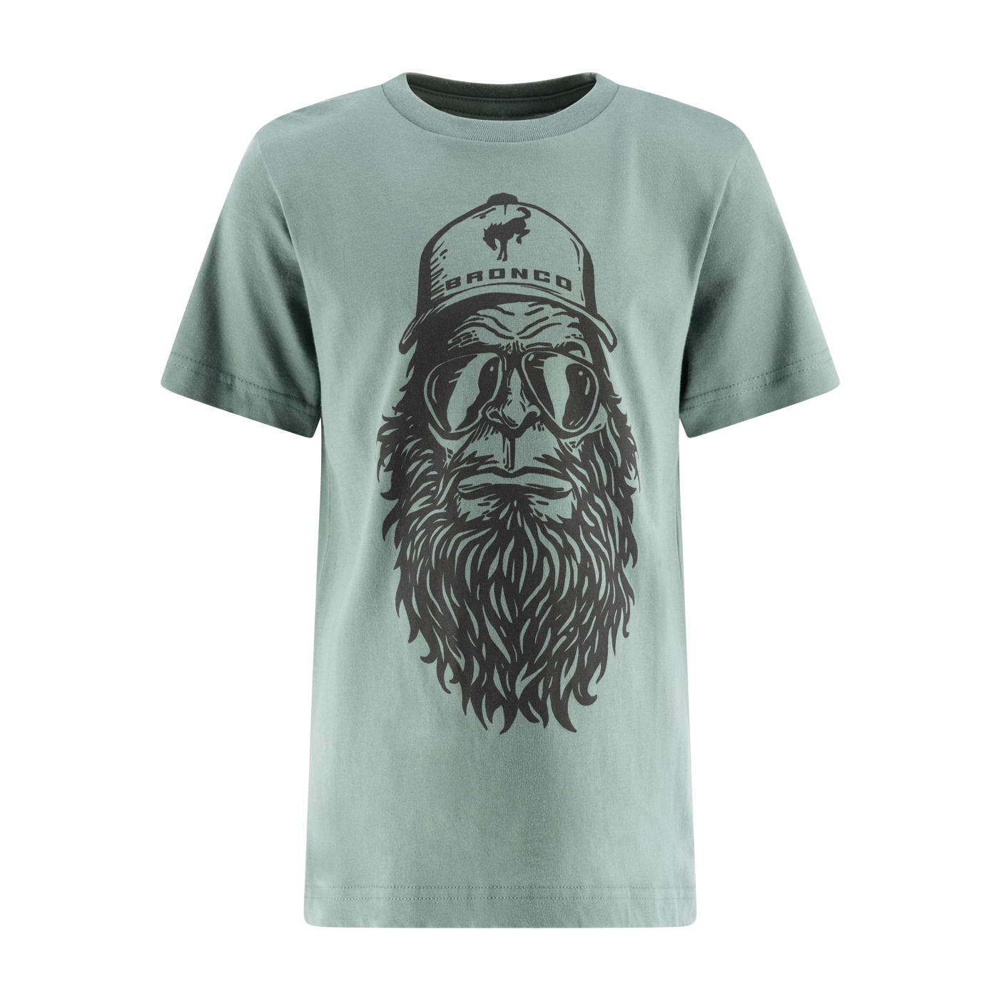 Light green t-shirt with graphic design of a bearded face wearing goggles and a cap on a white background.