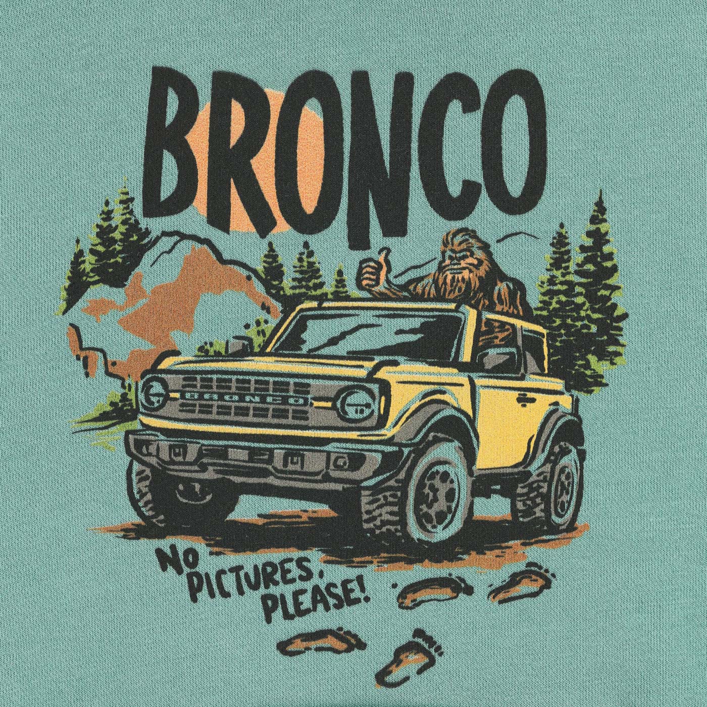 Illustration of a yellow Bronco truck with a bear on top, set against a teal background with trees and mountains.
