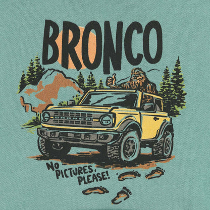Illustration of a yellow Bronco truck with a bear on top, set against a teal background with trees and mountains.