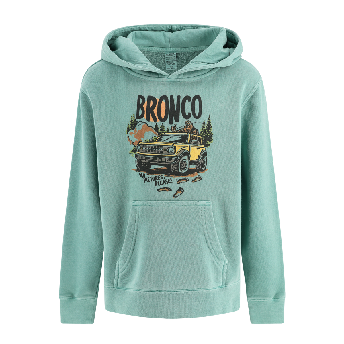 Teal hoodie with 'Bronco' graphic on a white background