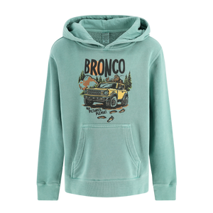 Teal hoodie with 'Bronco' graphic on a white background