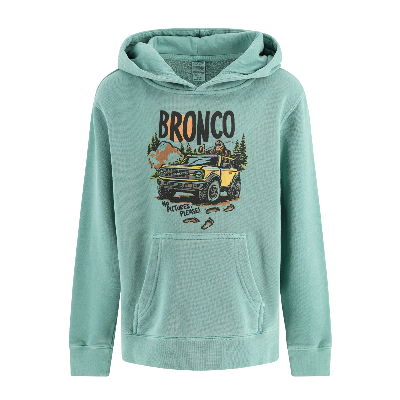Teal hoodie with 'Bronco' graphic on a white background