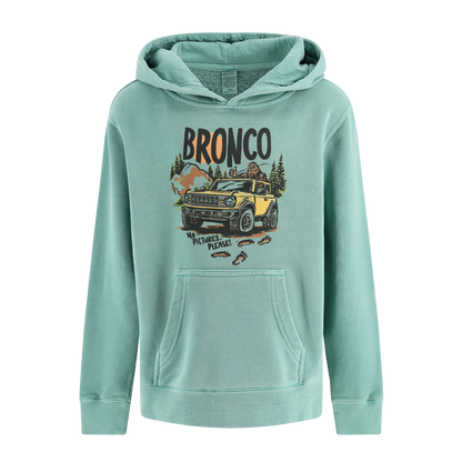 Teal hoodie with 'Bronco' graphic on a white background