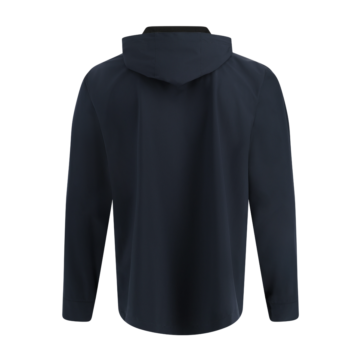 back of navy blue rain jacket with hood