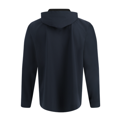 back of navy blue rain jacket with hood