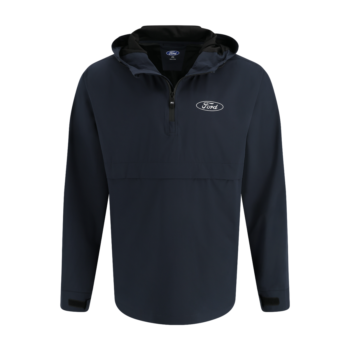 navy blue rain jacket with white line blue oval and ford script on left chest 