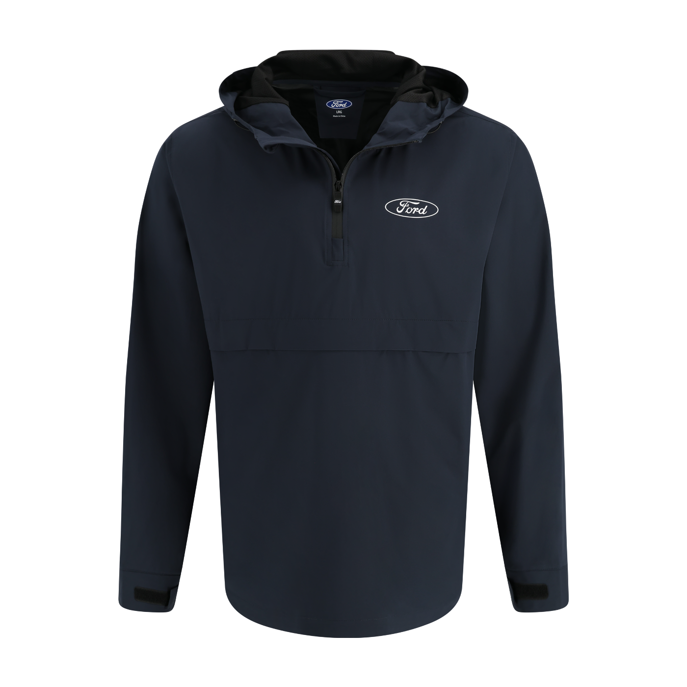 navy blue rain jacket with white line blue oval and ford script on left chest 