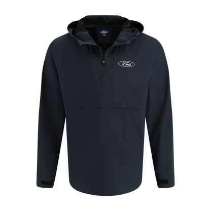 navy blue rain jacket with white line blue oval and ford script on left chest 