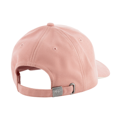 Pink baseball cap with a brand logo on a white background