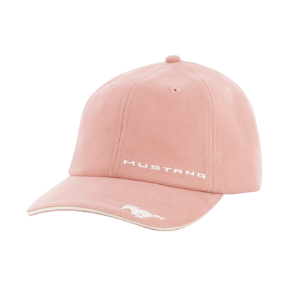 Pink hat with 'Mustang' logo on a white background