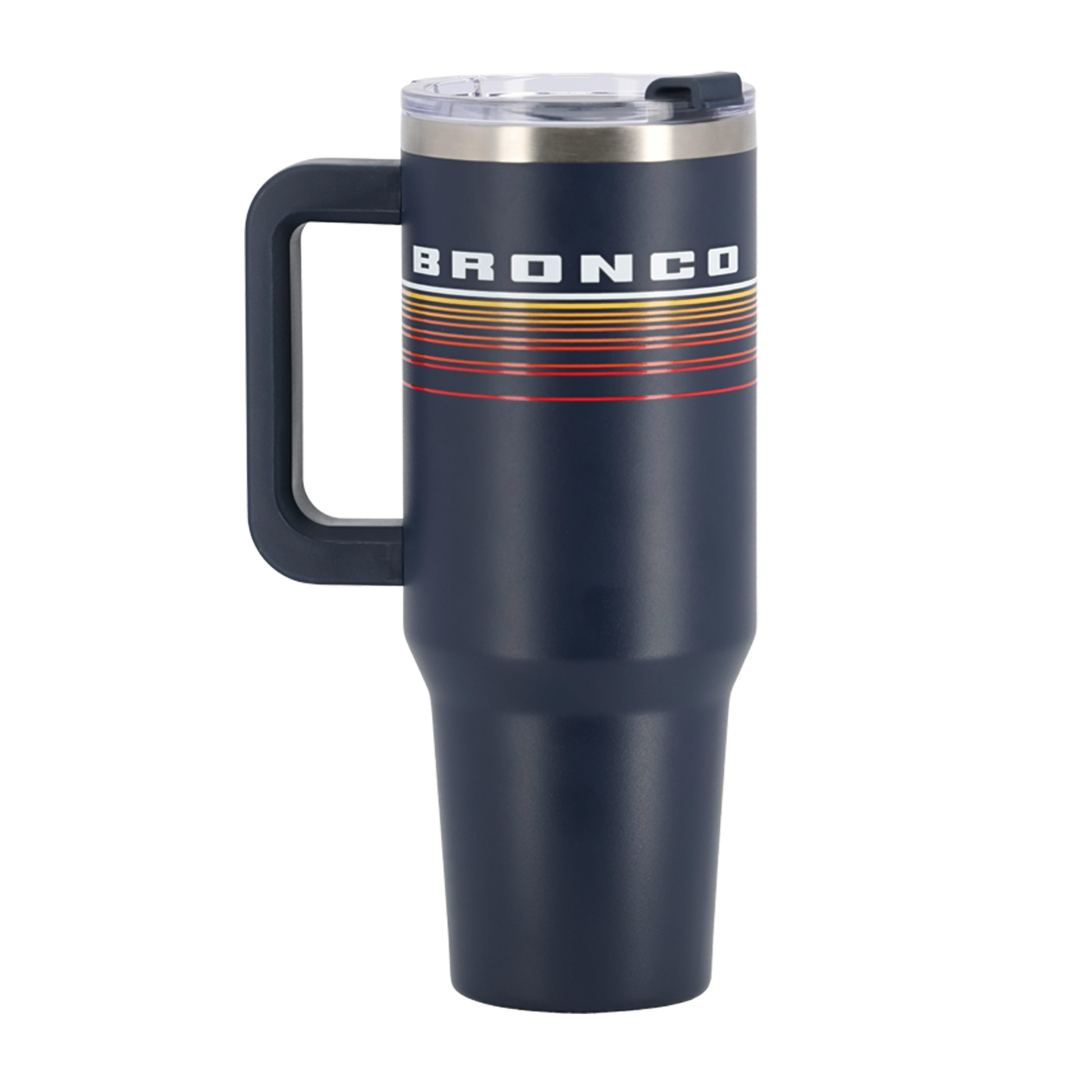 Bronco white block test and ombre yellow orange and red stripes on navy blue tumbler with handle