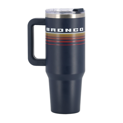 Bronco white block test and ombre yellow orange and red stripes on navy blue tumbler with handle