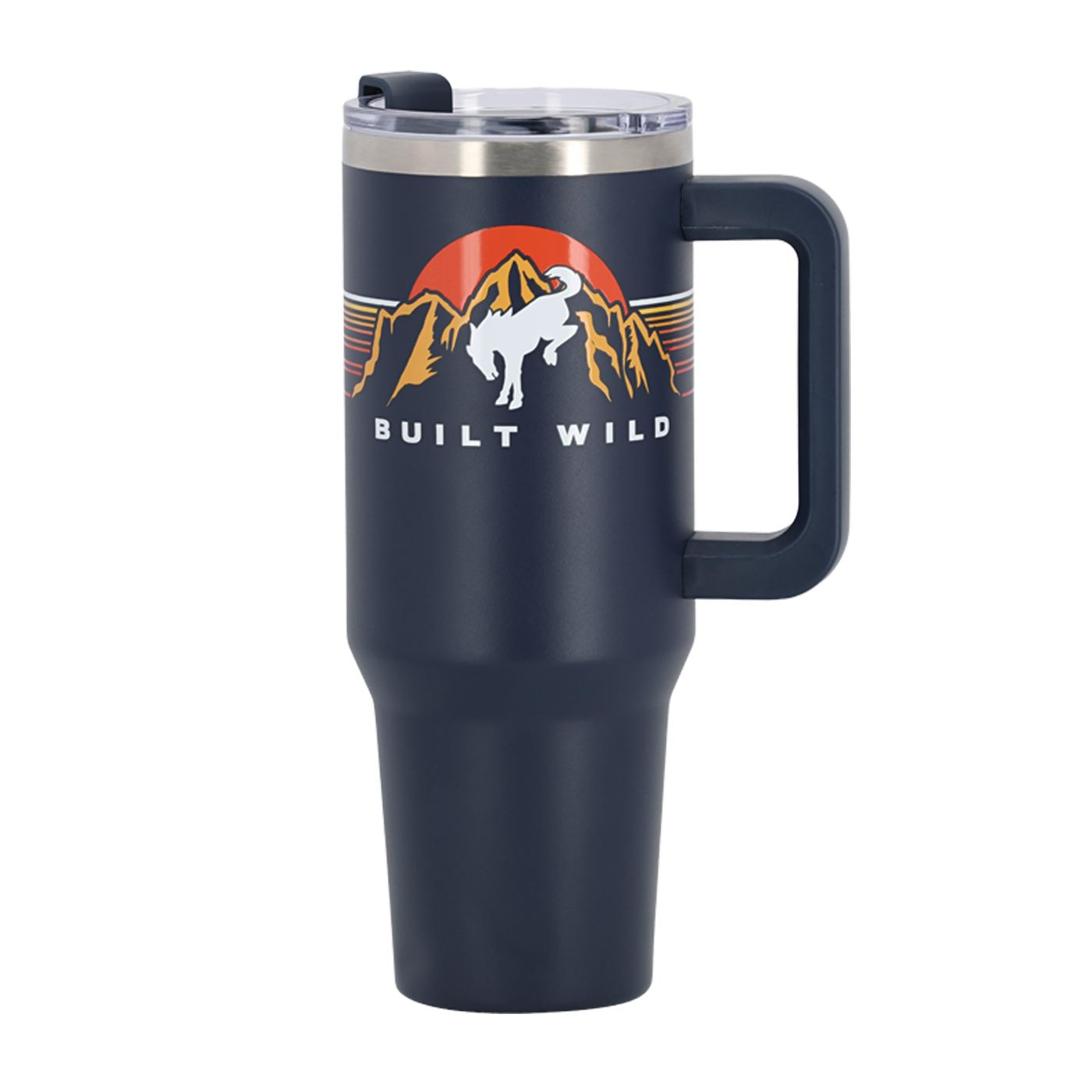 white bucking bronco in front of mountains and sun graphic with Built wild script on navy blue tumbler with handle