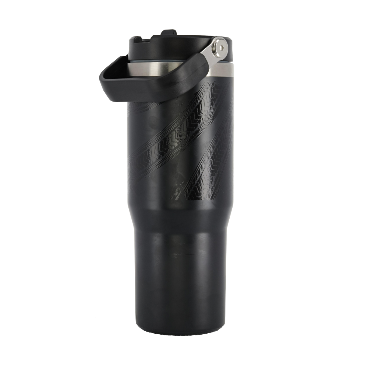 back of black tumbler with tire tread pattern