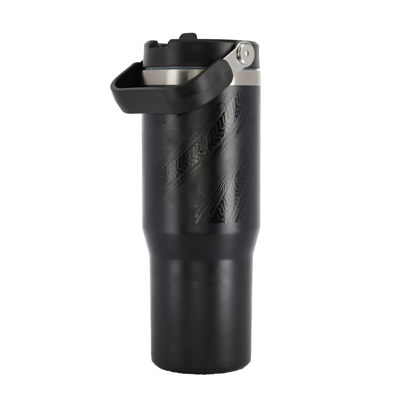 back of black tumbler with tire tread pattern