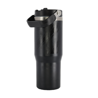 back of black tumbler with tire tread pattern