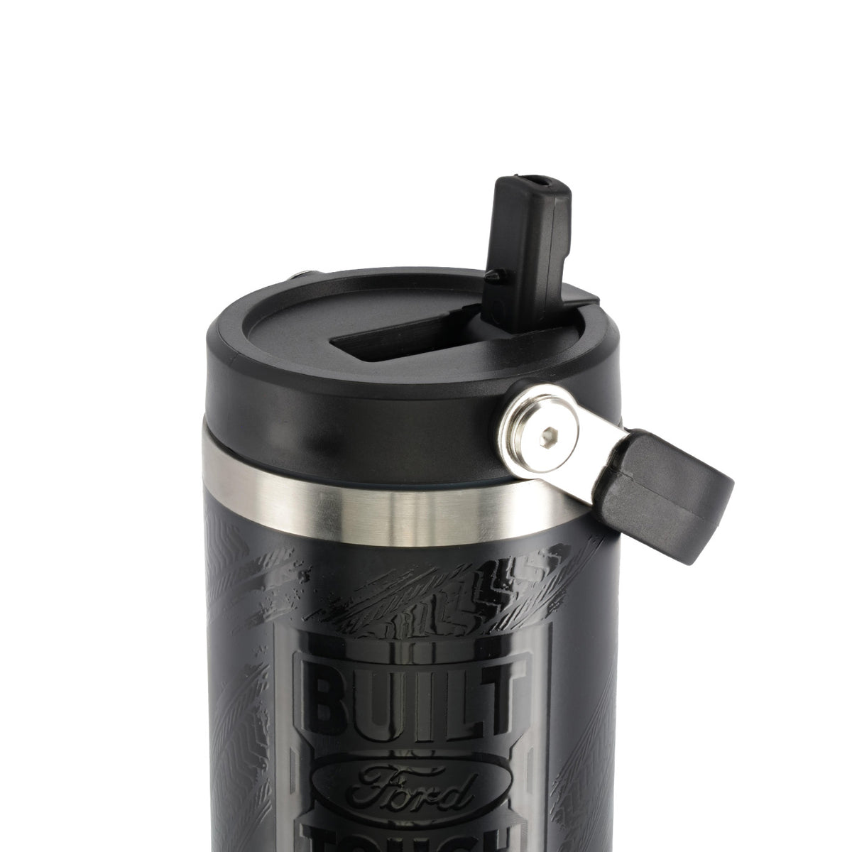 open lid on top of black built ford tough tumbler