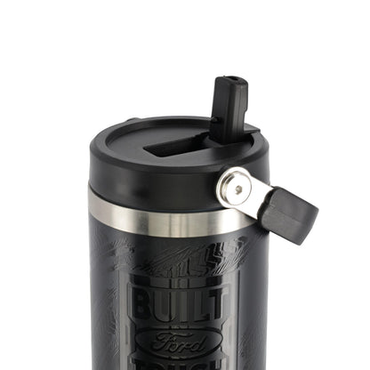 open lid on top of black built ford tough tumbler