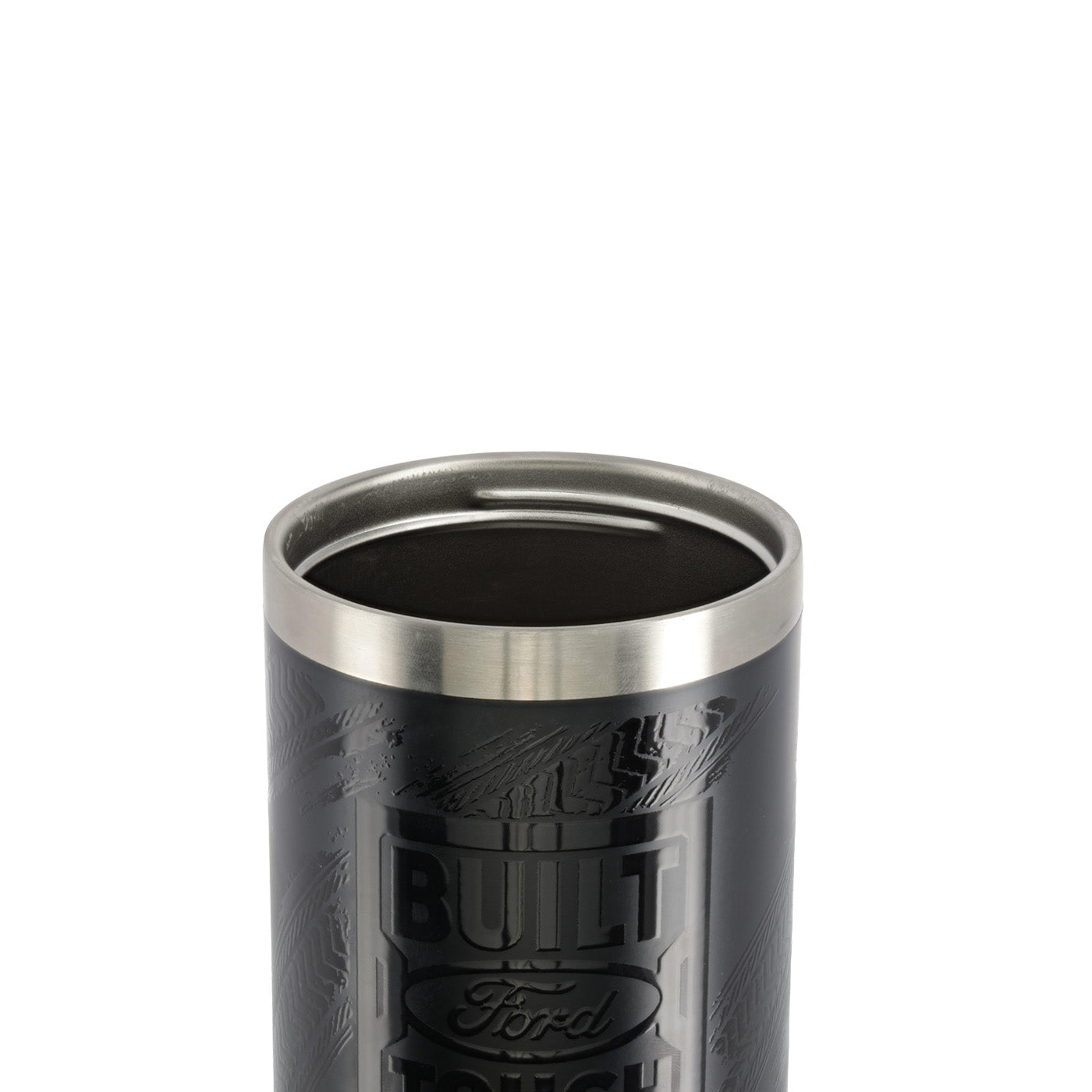 open screw top lid on top of black built ford tough tumbler