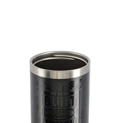 open screw top lid on top of black built ford tough tumbler