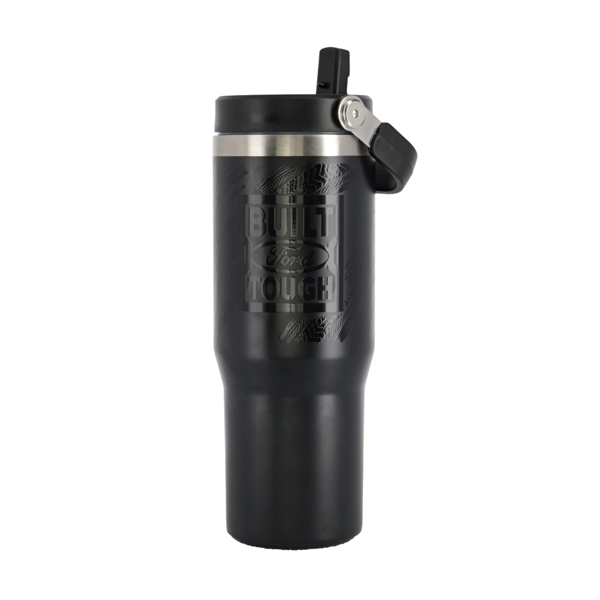A black Ford branded tumbler with a handle and logo embossed on the side.