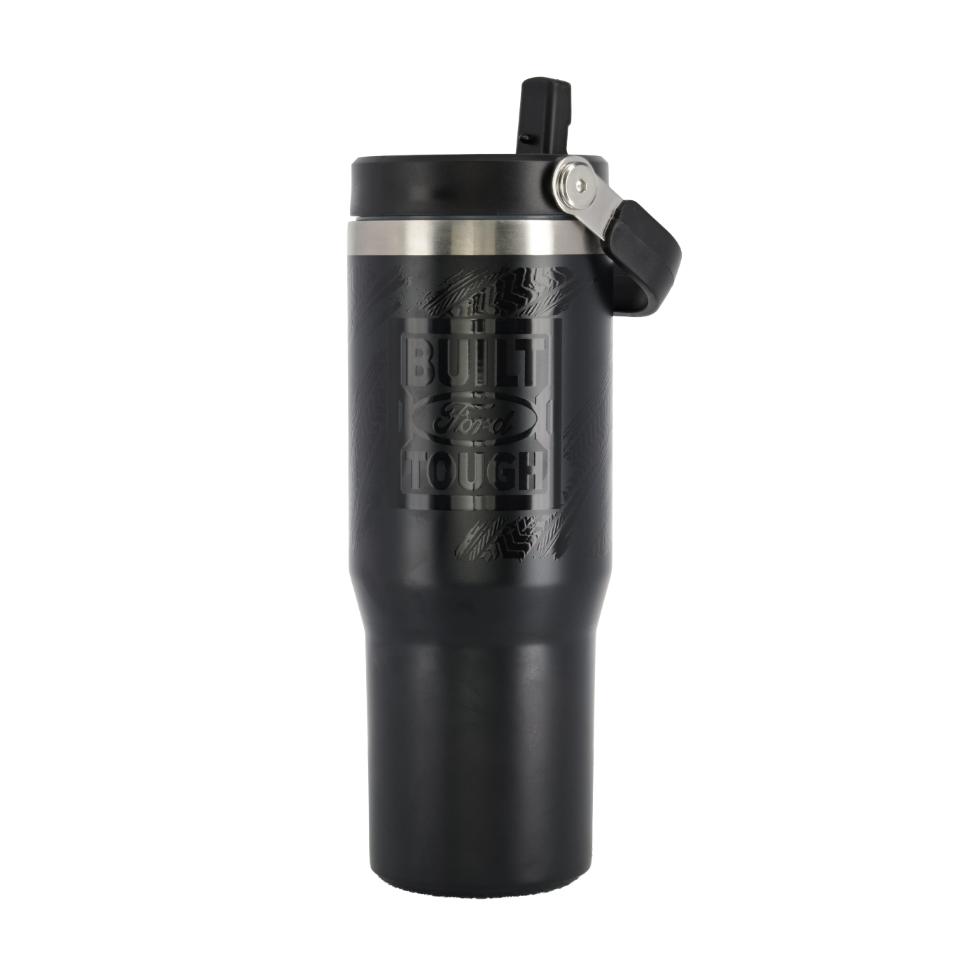 A black Ford branded tumbler with a handle and logo embossed on the side.