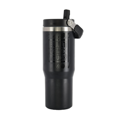 A black Ford branded tumbler with a handle and logo embossed on the side.
