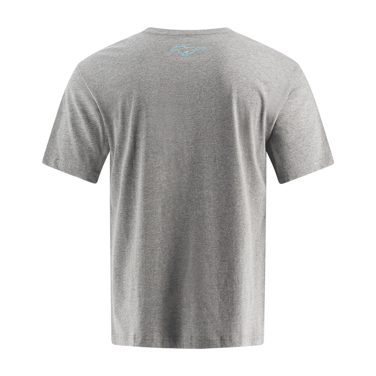 back of gray short sleeve t shirt with blue mustang mach-e pony logo at collar