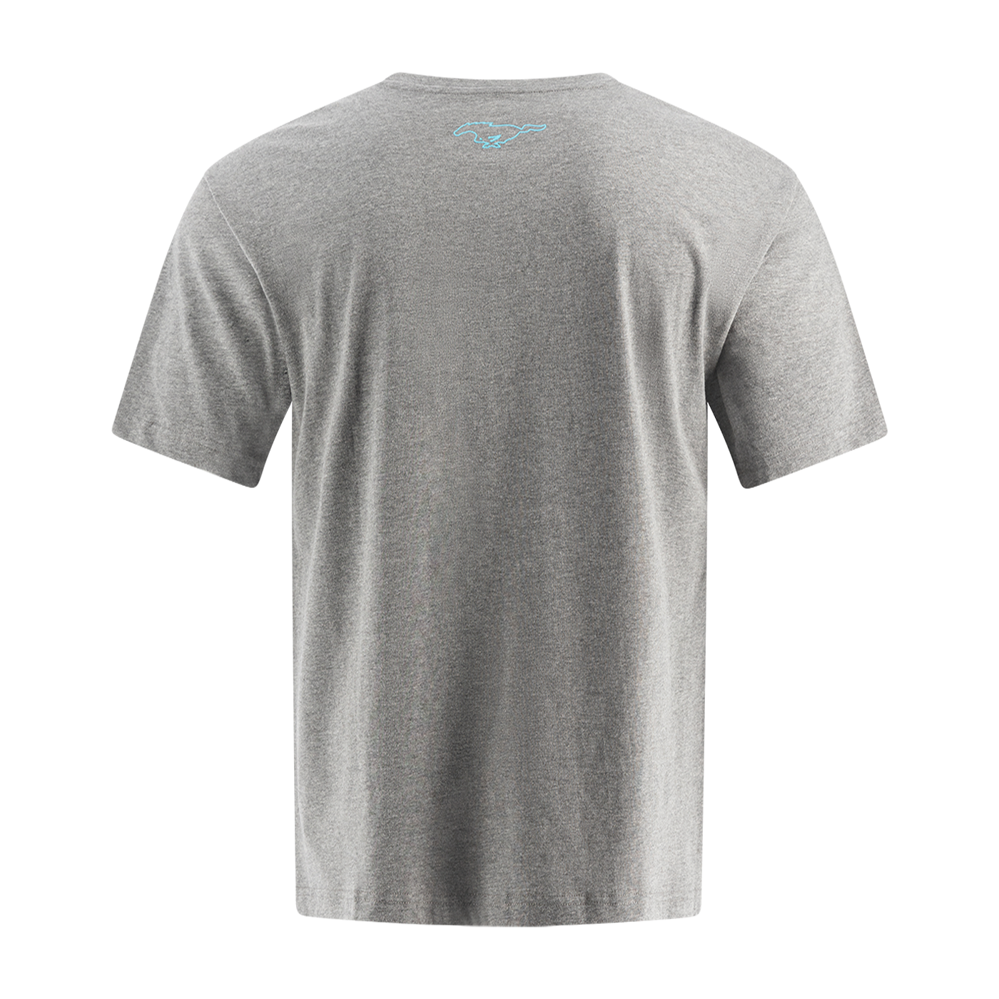 back of gray short sleeve t shirt with blue mustang mach-e pony logo at collar