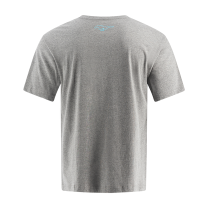 back of gray short sleeve t shirt with blue mustang mach-e pony logo at collar