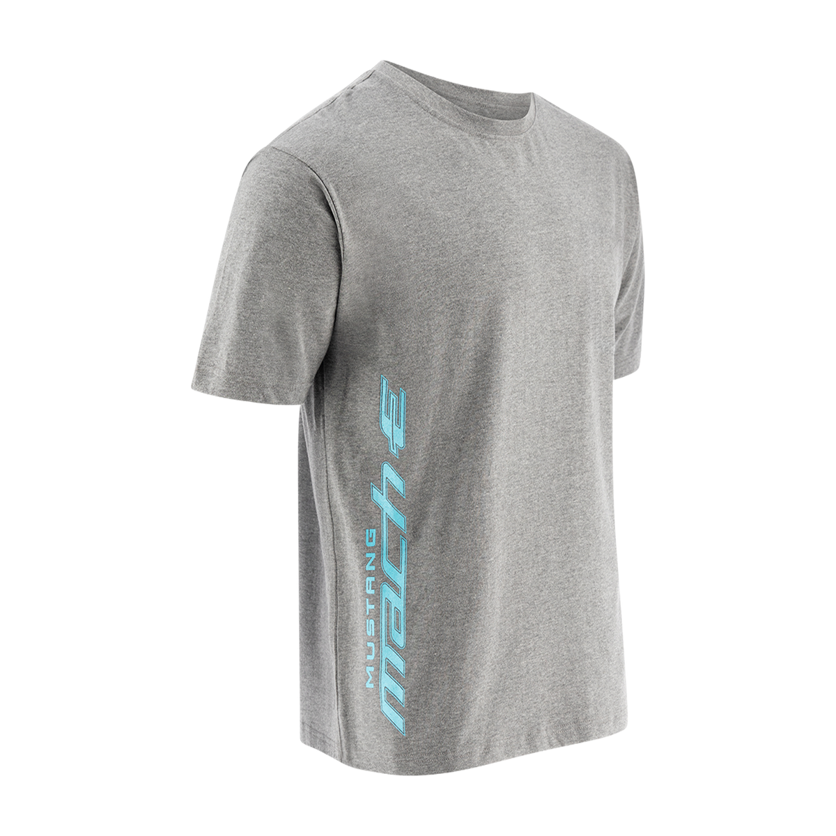 side of gray short sleeve t shirt with mustang mach-e script logo in electric blue color