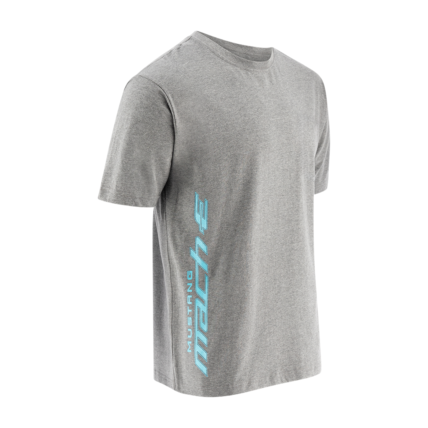 side of gray short sleeve t shirt with mustang mach-e script logo in electric blue color