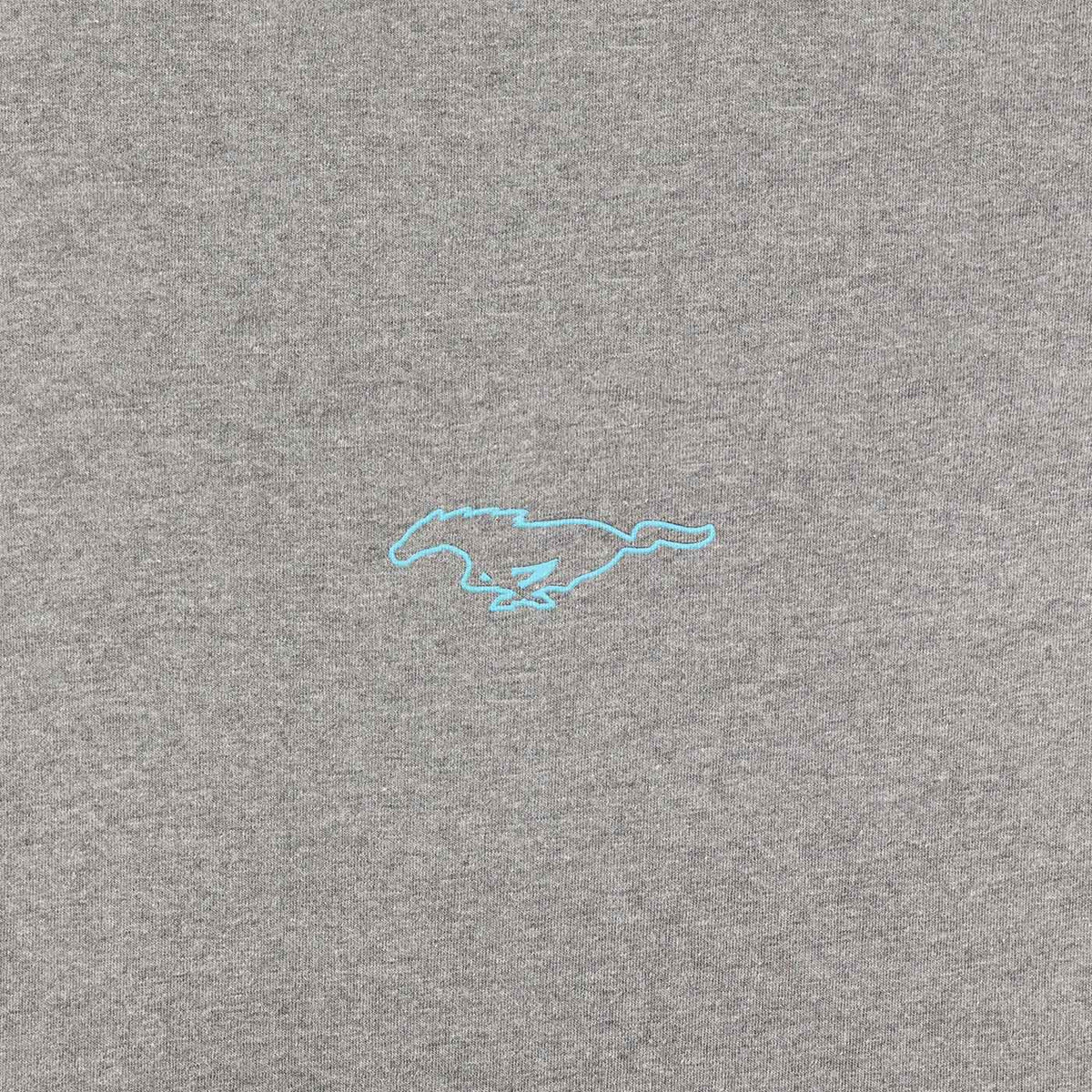 mustang mach-e pony logo in blue on gray background