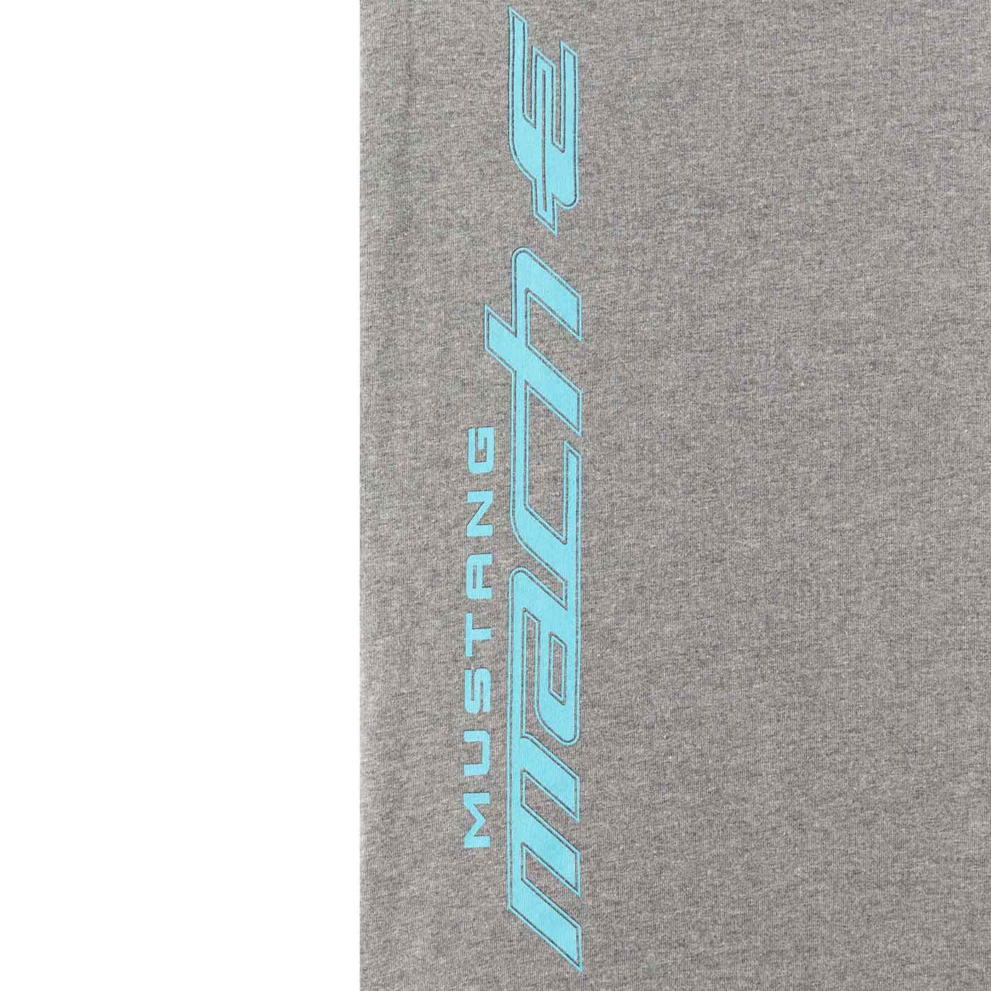 close up of mustang mach-e script logo in electric blue on gray background