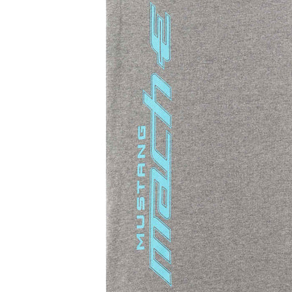 close up of mustang mach-e script logo in electric blue on gray background