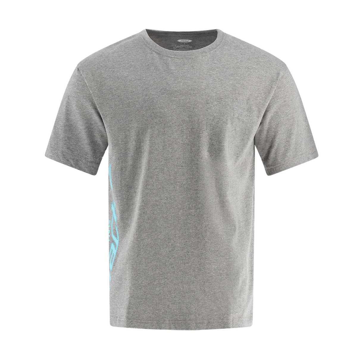 A gray Ford Mustang Mach-E men's T-shirt with teal logo on the sleeves.