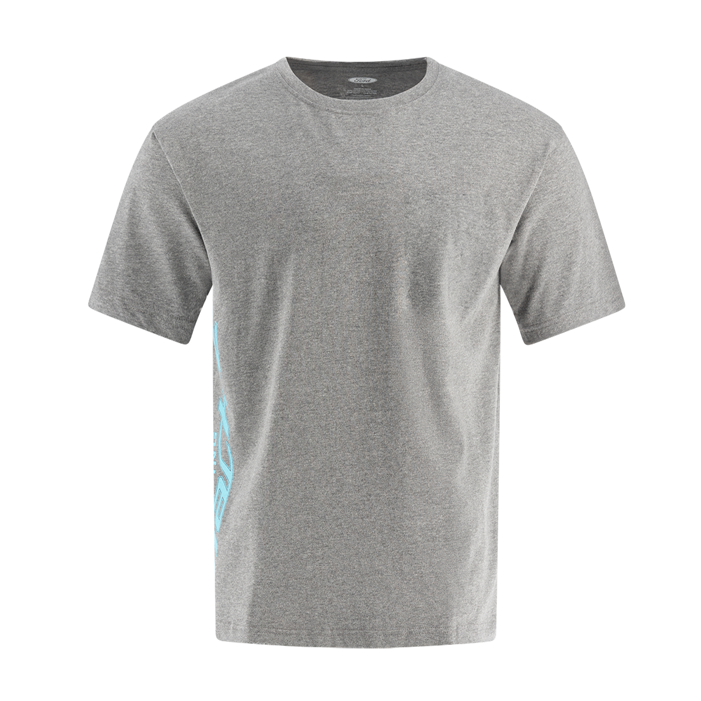 A gray Ford Mustang Mach-E men's T-shirt with teal logo on the sleeves.
