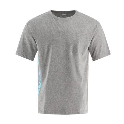 A gray Ford Mustang Mach-E men's T-shirt with teal logo on the sleeves.