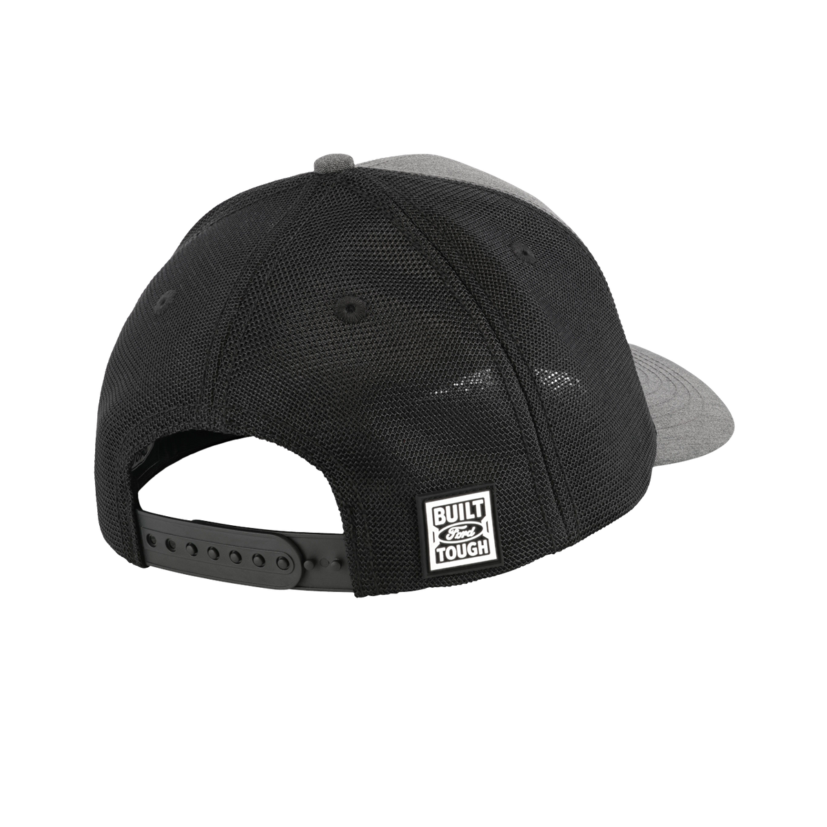 Black and gray cap with a visible brand logo on a white background