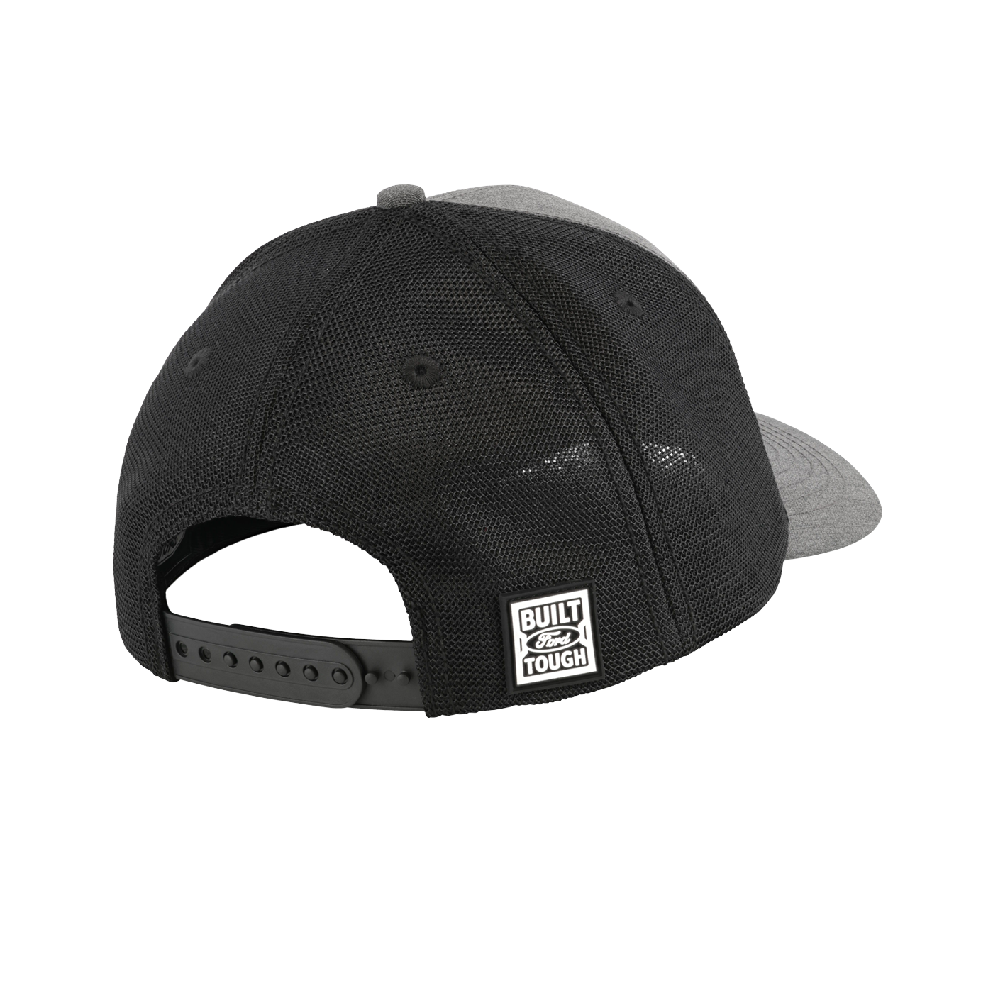 Black and gray cap with a visible brand logo on a white background
