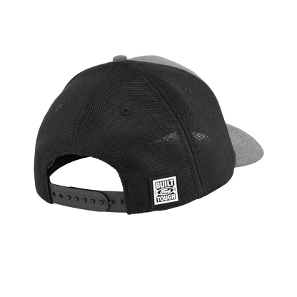 Black and gray cap with a visible brand logo on a white background