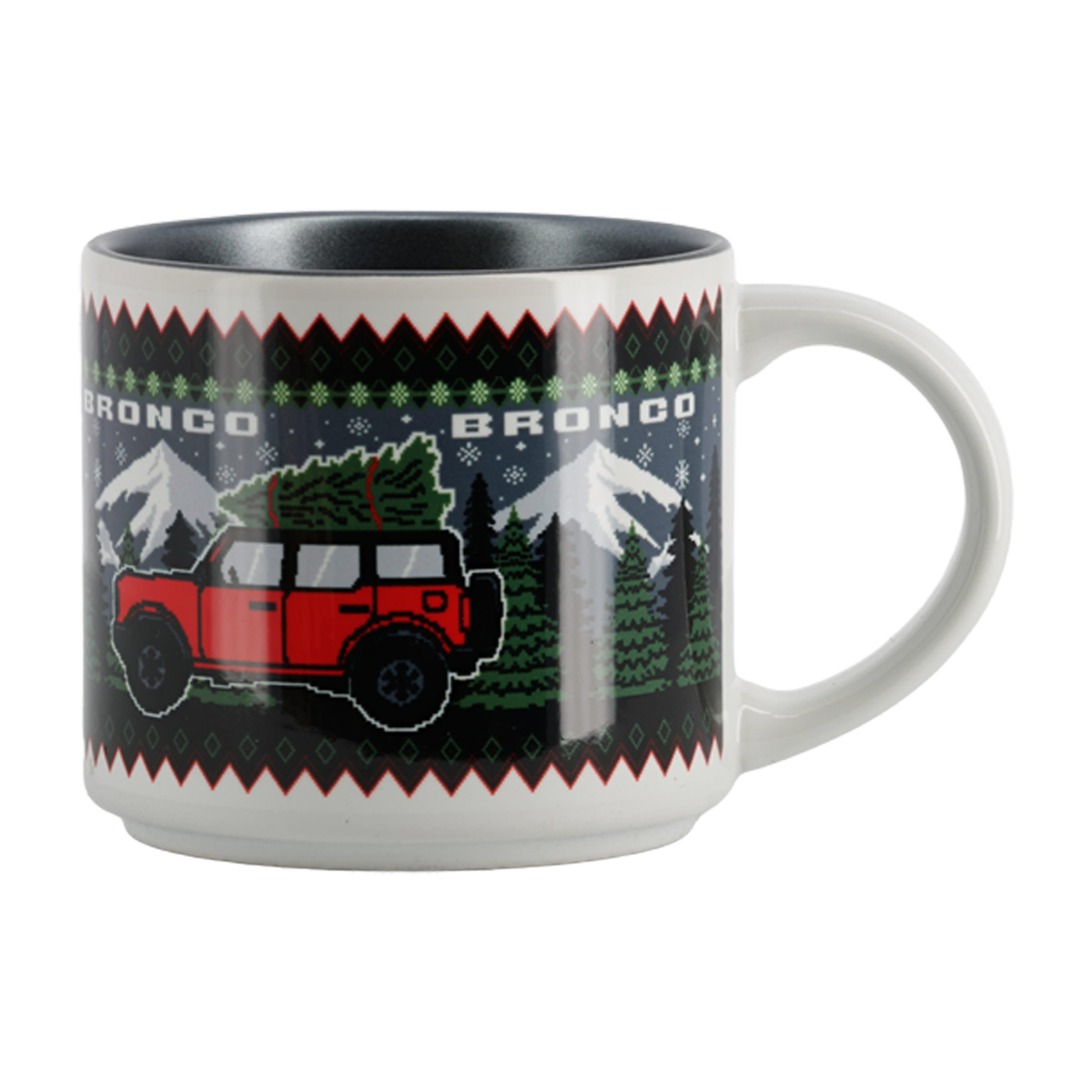 Mug with a red Bronco graphic and Christmas tree on a patterned background