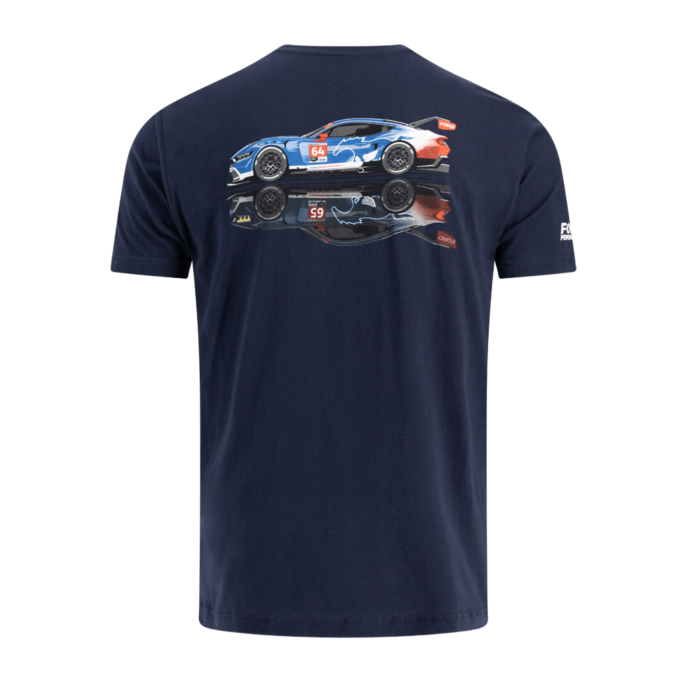 Navy blue t-shirt with a race car graphic on the back against a white background