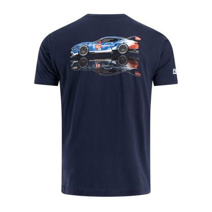 Navy blue t-shirt with a race car graphic on the back against a white background