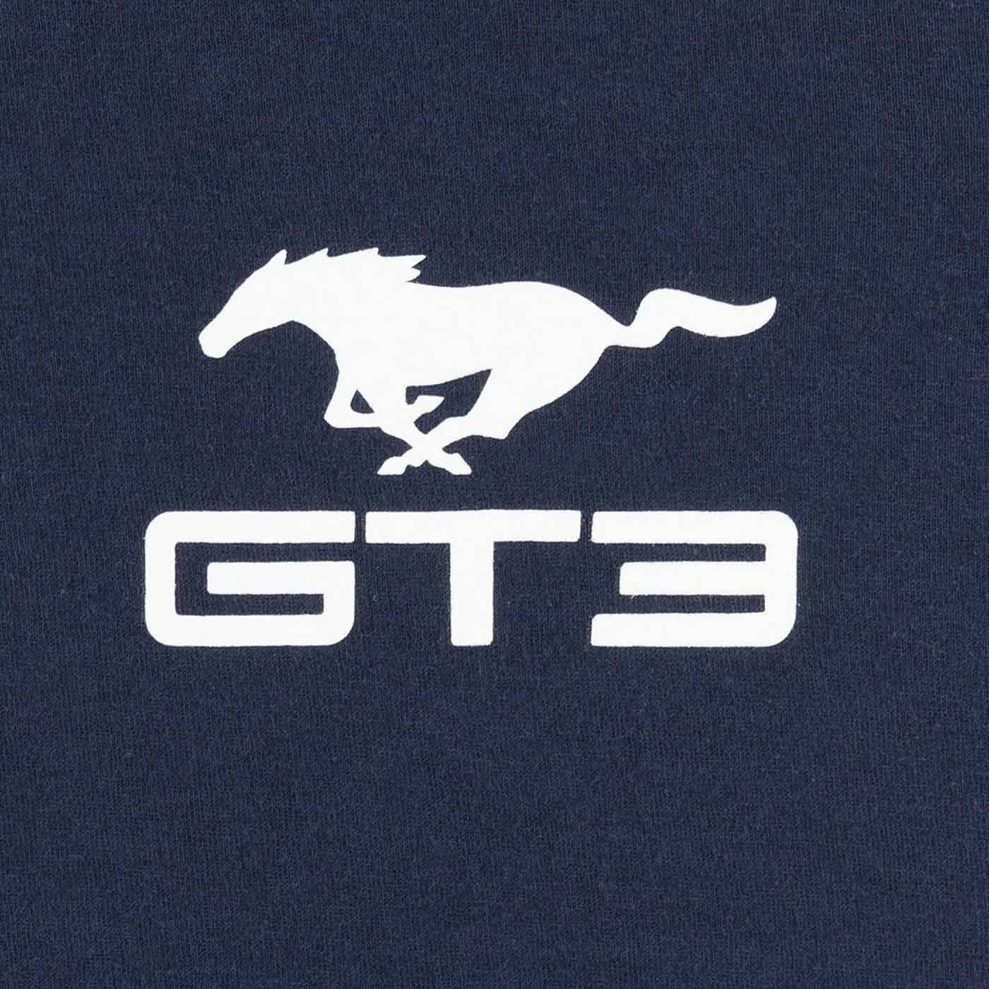 White 'GT3' logo with a horse on a navy background