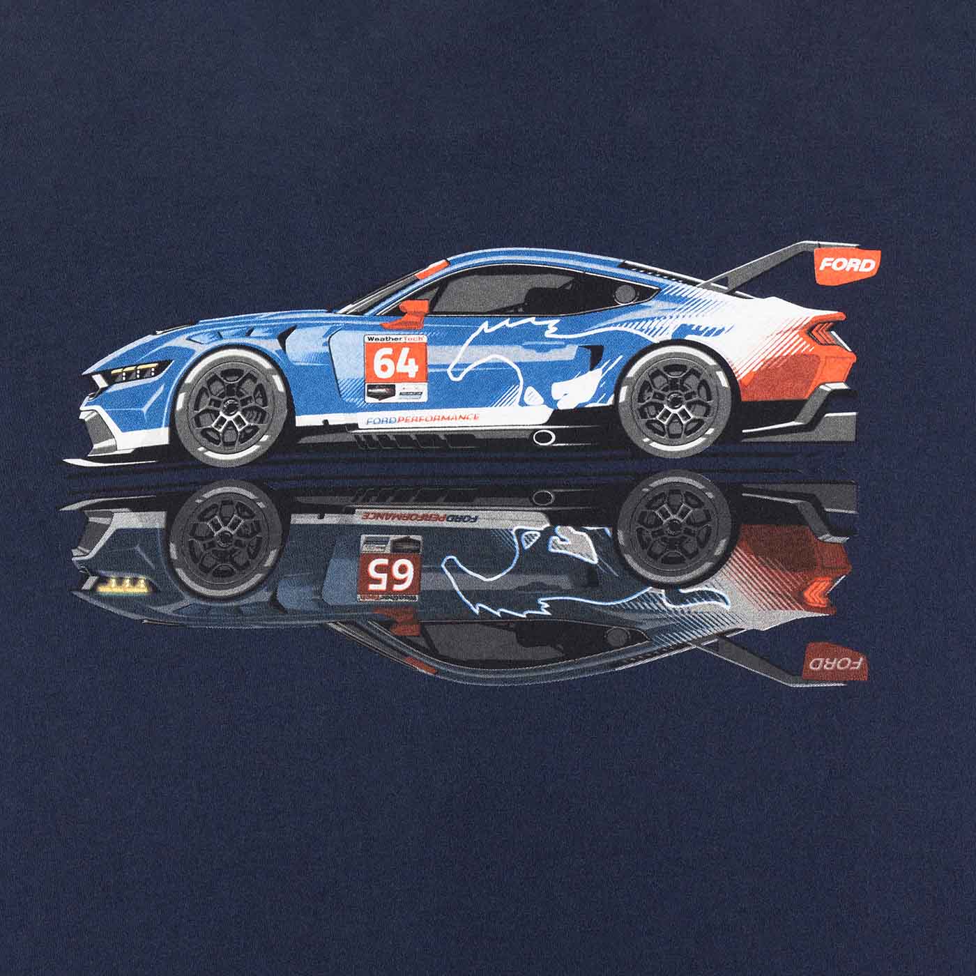 Blue and orange race car graphic on a navy background