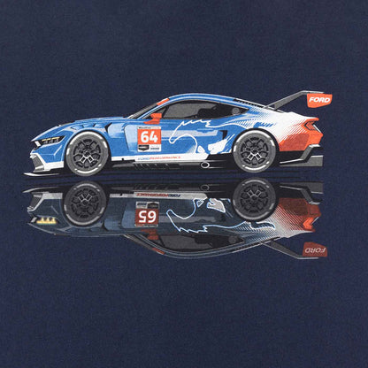 Blue and orange race car graphic on a navy background