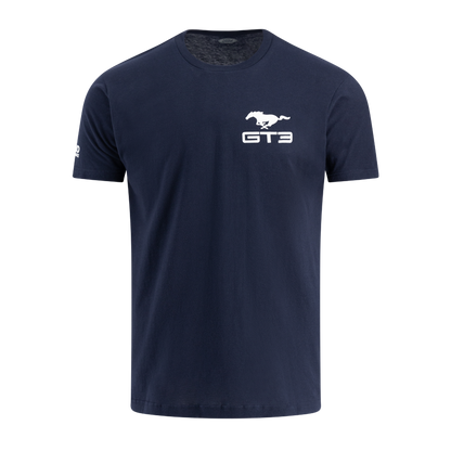 Navy blue t-shirt with white logo on a white background