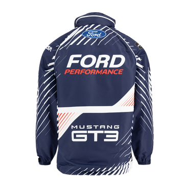 back of blue jacket with ford oval, ford performance letters, and Mustang GT3 logo