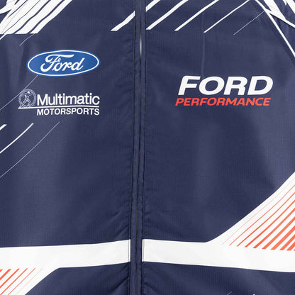 close up of ford performance jacket with blue ford oval, Multimatic Motorsports, and Ford Performance emblems. 